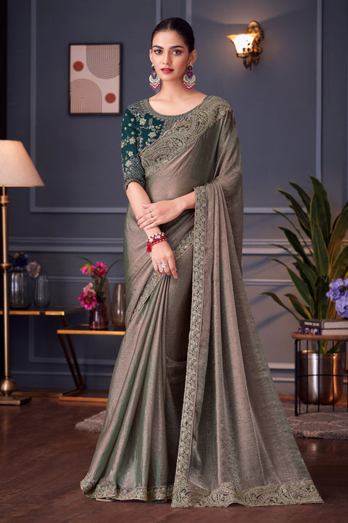 Sangeet Wear Art Silk Embroidered Lace Border Work Saree In Dark Beige Color