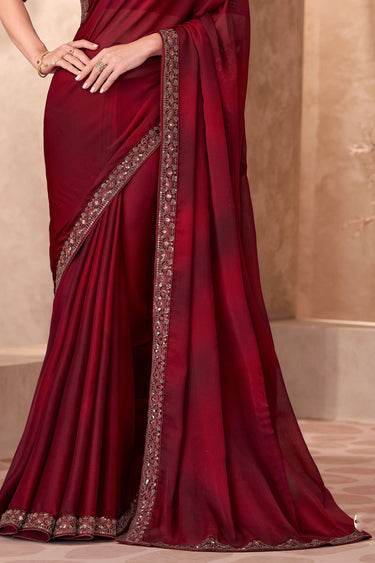 Dazzling Border Work On Maroon Color Saree In Chiffon Fabric