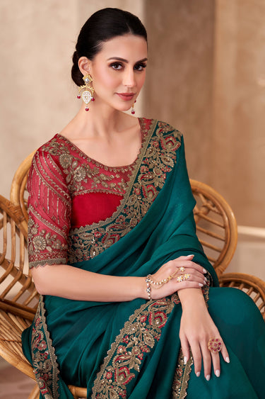 Classic Border Work On Dark Green Color Saree In Chiffon Fabric