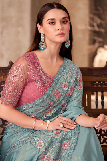 Crepe Silk Fabric Light Cyan Color Saree With Attractive Border Work