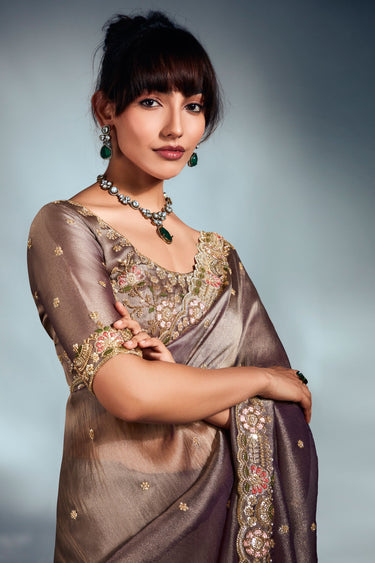 Organza Fabric Chikoo Color Riveting Saree With Fancy Heavy Work