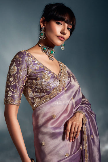 Beguiling Fancy Heavy Work On Lavender Color Organza Fabric Saree