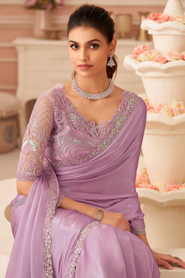 Lavender Chiffon Lace Border Work Party Wear Saree