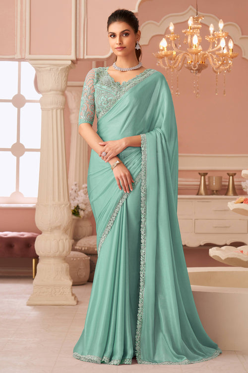 Chiffon Lace Border Work Cyan Saree
