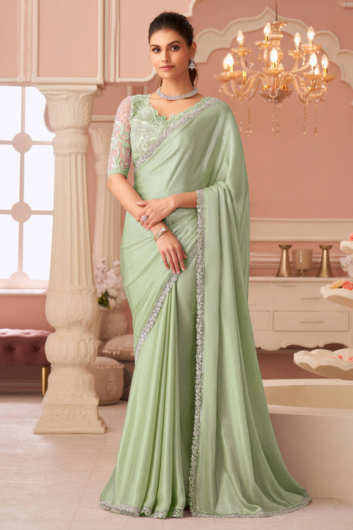 Sea Green Chiffon Lace Border Work Saree For Party Wear