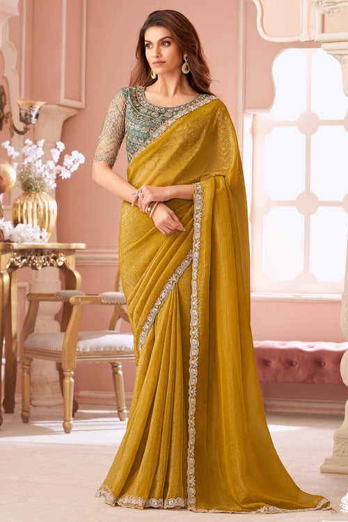 Georgette Lace Border Work Mustard Saree