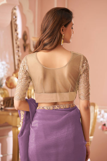 Purple Georgette Lace Border Work Saree For Sangeet Wear