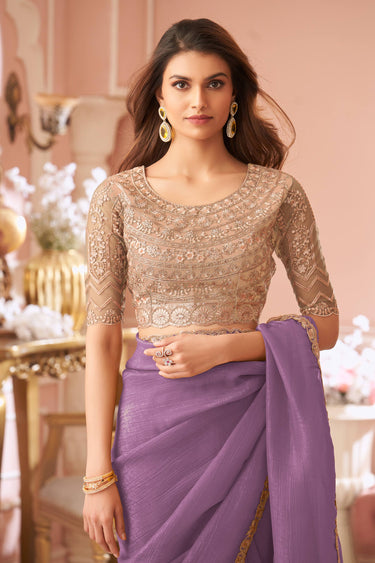 Purple Georgette Lace Border Work Saree For Sangeet Wear