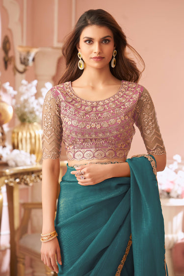 Sangeet Wear Georgette Lace Border Work Saree In Teal Color