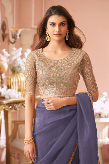 Lavender Georgette Lace Border Work Sangeet Wear Saree