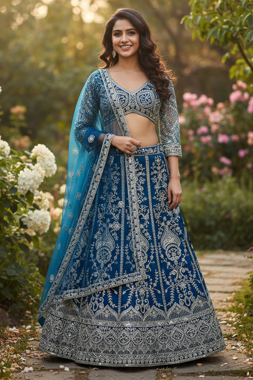 Embroidered Function Wear Net Lehenga Choli In Blue Color