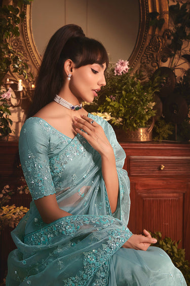 Beguiling Border Work On Cyan Color Organza Fabric Saree