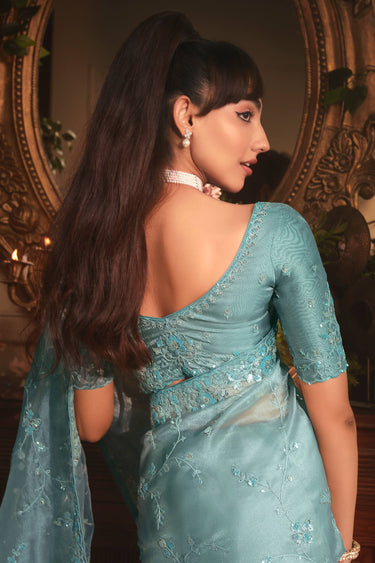 Beguiling Border Work On Cyan Color Organza Fabric Saree