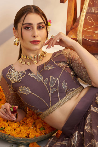 Glorious Function Wear Brown Embroidered Net Fabric Lehenga