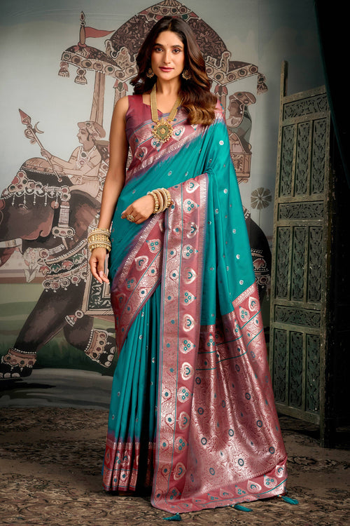 Cyan Art Silk Weaving Work Festive Wear Fancy Saree