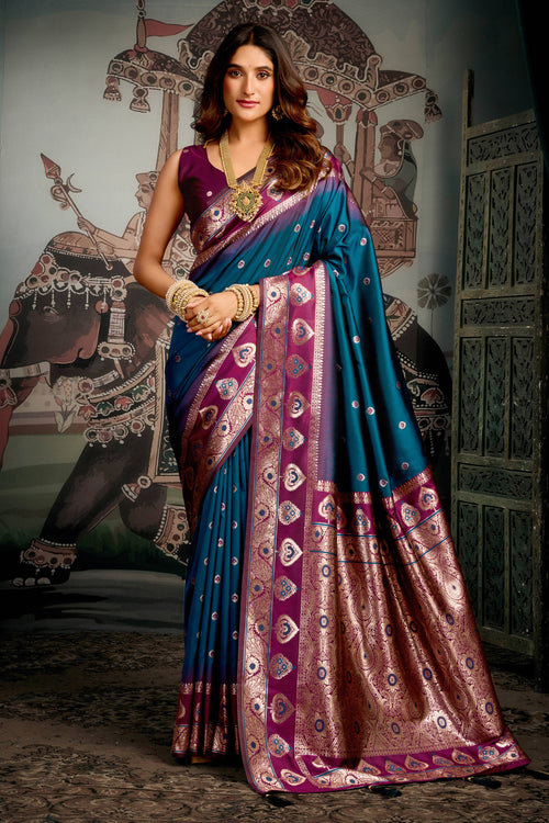 Teal Art Silk Weaving Work Saree For Festive Wear