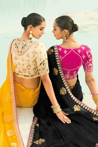 Viscose Yellow Border Work Wedding Wear Saree With Embroidered Blouse