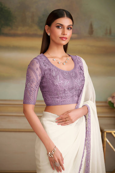 Lace Work Off White Festive Wear Saree