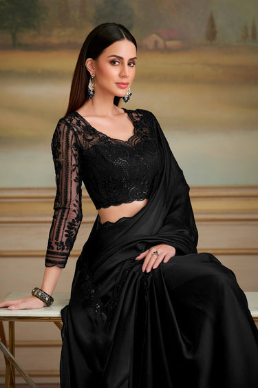 Chiffon Fabric Lace Work Black Saree For Festive Wear