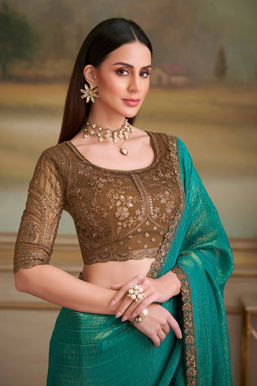 Georgette Lace Work Cyan Festive Wear Saree