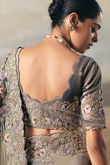 Grey Sangeet Wear Tissue Border Work Saree