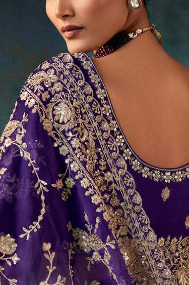 Purple Wedding Wear Fancy Fabric Embroidered Saree