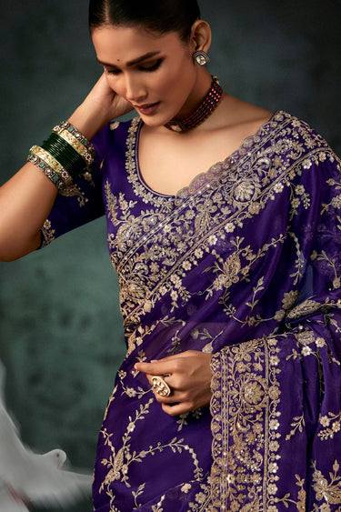 Purple Wedding Wear Fancy Fabric Embroidered Saree