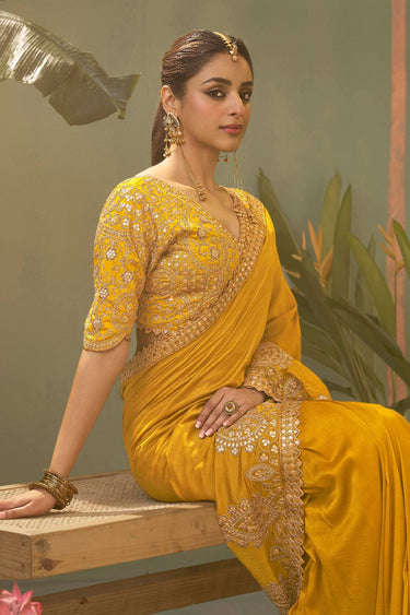 Embroidered Art Silk Yellow Function Wear Saree