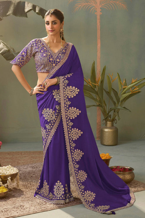 Purple Function Wear Embroidered Art Silk Fabric Saree