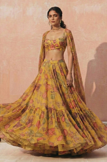 Printed Georgette Fabric Mustard Readymade Lehenga Choli For Function Wear