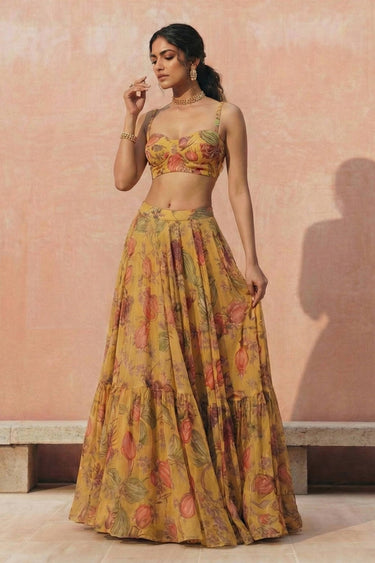 Printed Georgette Fabric Mustard Readymade Lehenga Choli For Function Wear