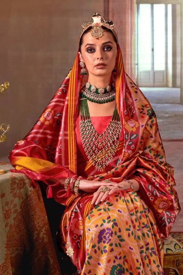 Art Silk Patola Printed Orange Saree For Function