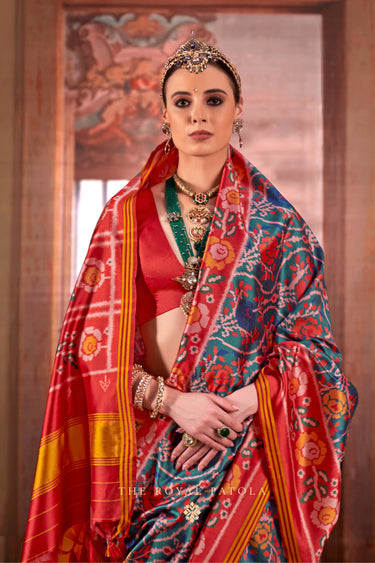 Art Silk Teal Patola Printed Saree For Function Wear