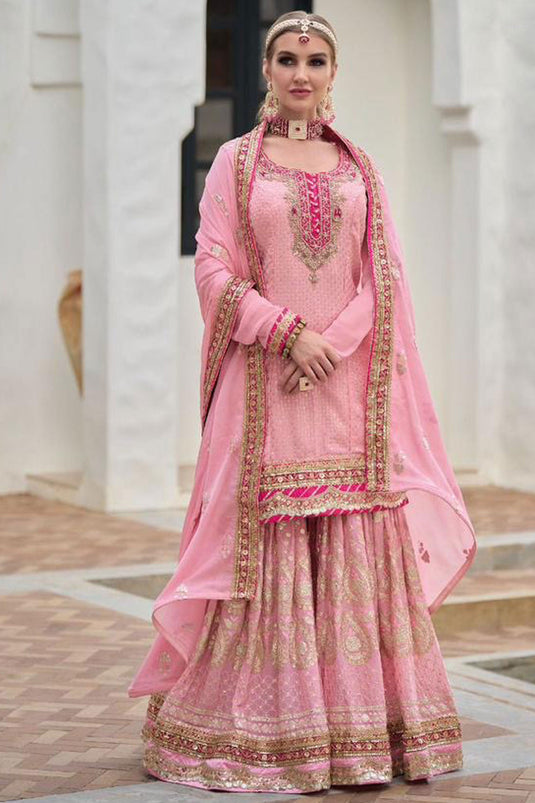 Blazing Pink Color Party Wear Chinon Fabric Readymade Sharara Suit