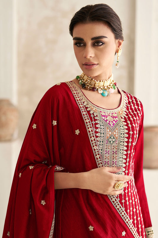 Chinon Fabric Captivating Red Color Readymade Salwar Suit