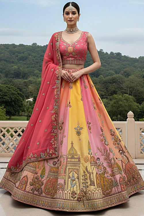 Embroidered Silk Fabric Multi Color Wedding Wear Lehenga Choli