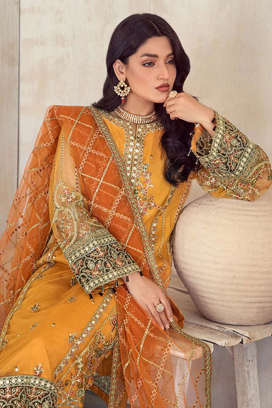 Yellow Color Organza Fabric Tempting Embroidered Pakistani Suit
