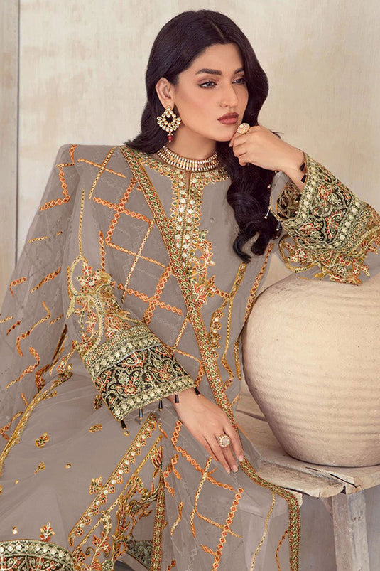 Charming Dark Beige Color Organza Fabric Embroidered Pakistani Suit
