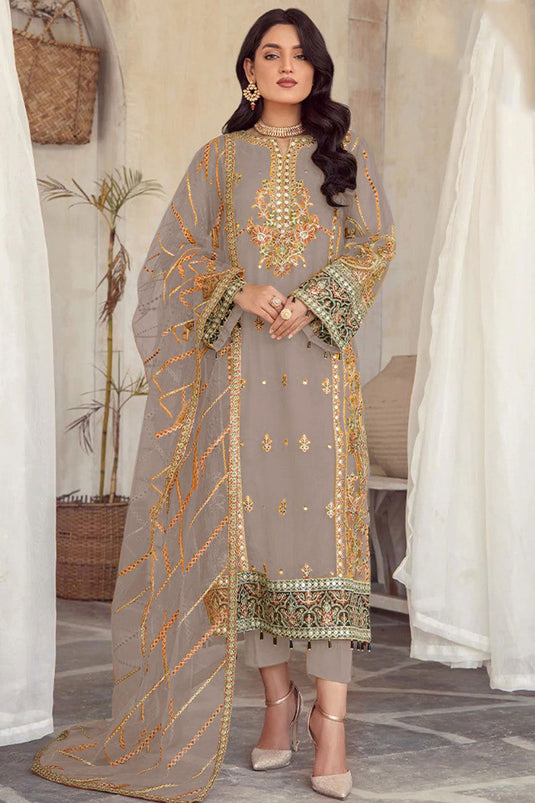 Charming Dark Beige Color Organza Fabric Embroidered Pakistani Suit