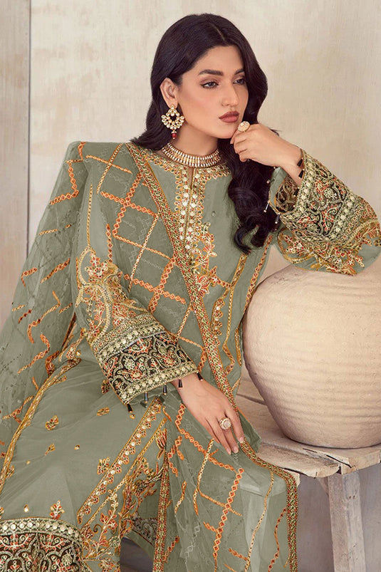 Alluring Organza Fabric Sea Green Color Embroidered Pakistani Suit