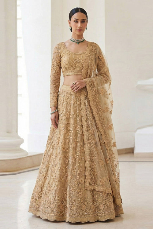 Embroidered Brown Net Fabric Wedding Wear Lehenga Choli