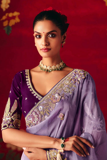 Purple Wedding Wear Art Silk Sequins Embroidered Saree