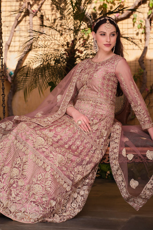 Net Fabric Pink Color Supreme Party Style Anarkali Suit