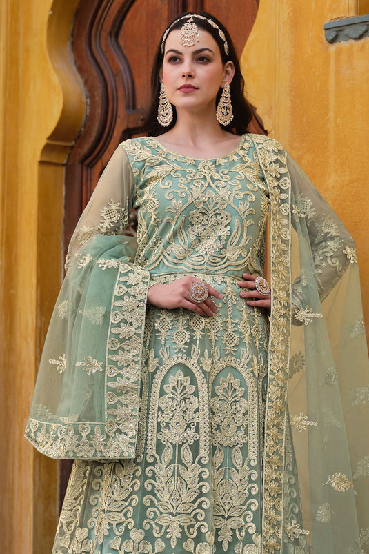 Alluring Net Fabric Green Color Party Style Anarkali Suit