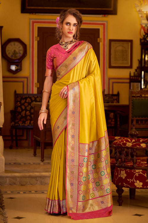 Weaving Work Art Silk Yellow Saree For Festive Wear