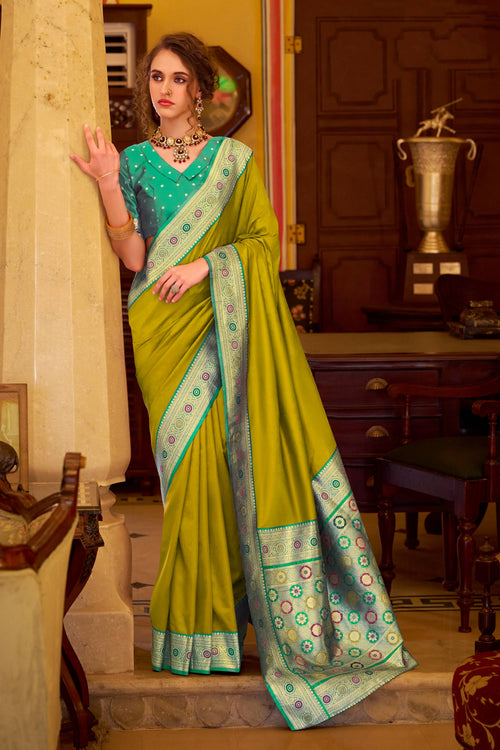 Art Silk Green Weaving Work Saree For Festive Wear