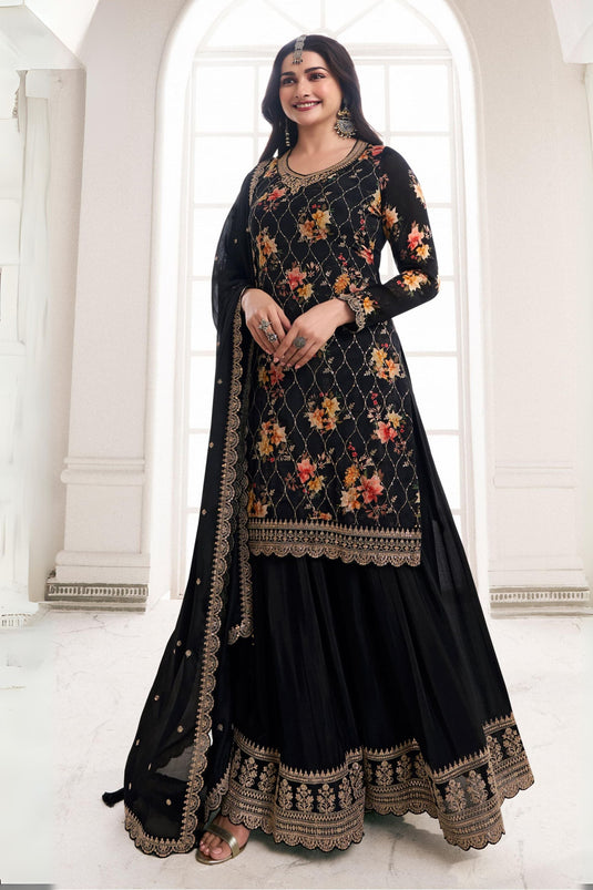 Prachi Desai Floral Printed Black Color Inventive Palazzo Suit In Chinon Fabric