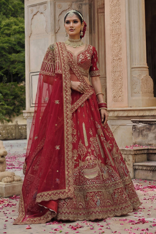 Silk Fabric Red Color Heavy Embroidered Bridal Lehenga Choli