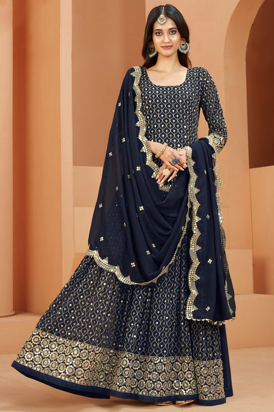 Georgette Fabric Sequins Work Beatific Anarkali Suit In Navy Blue Color