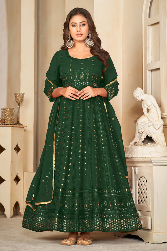 Fascinating Dark Green Color Georgette Fabric Sequins Embroidered Anarkali Suit